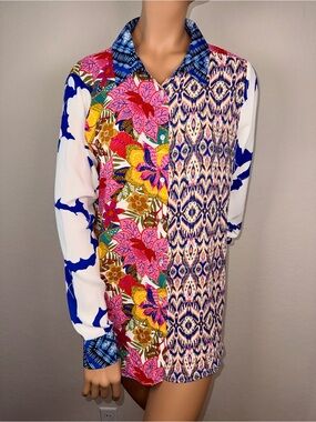 NWT Rose + Olive Mixed Print Boho Tunic Blouse Shirt Dress semi-sheer Large